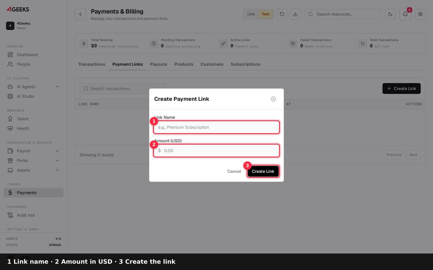 1 Link name , 2 Amount in USD , 3 Create the link