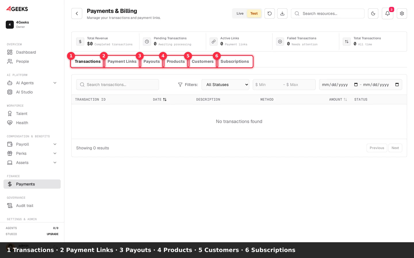 1 Transactions , 2 Payment Links , 3 Payouts , 4 Products , 5 Customers , 6 Subscriptions
