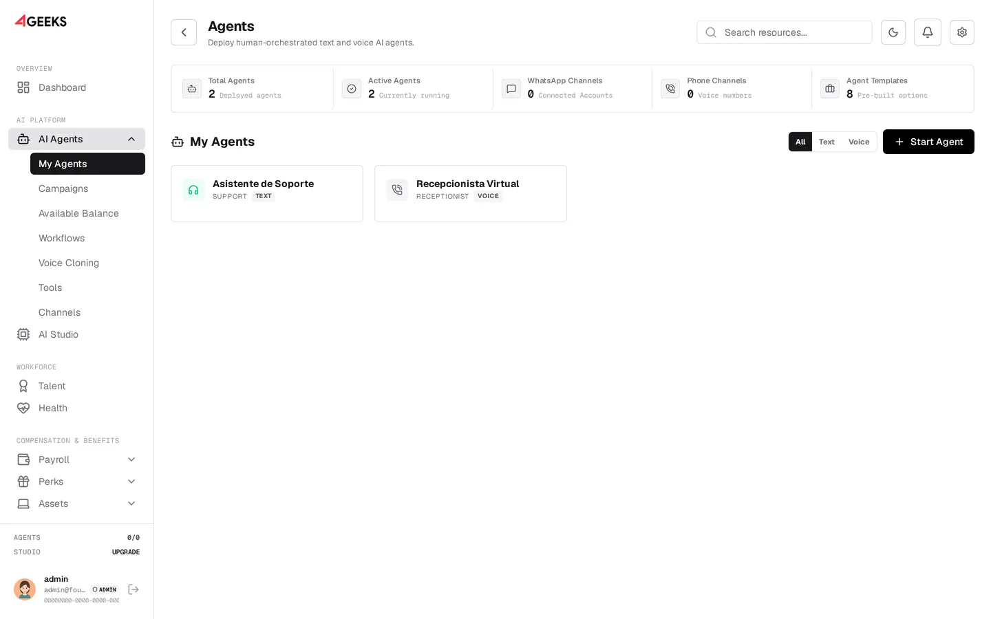 4Geeks AI Agents dashboard with deployed text and voice agents