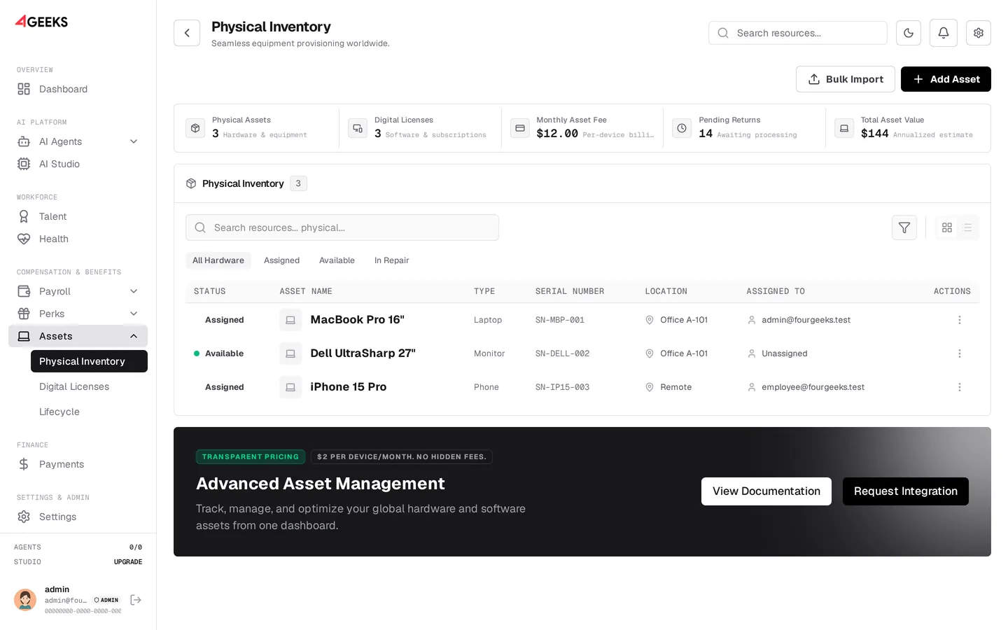 4Geeks Assets dashboard with physical asset inventory