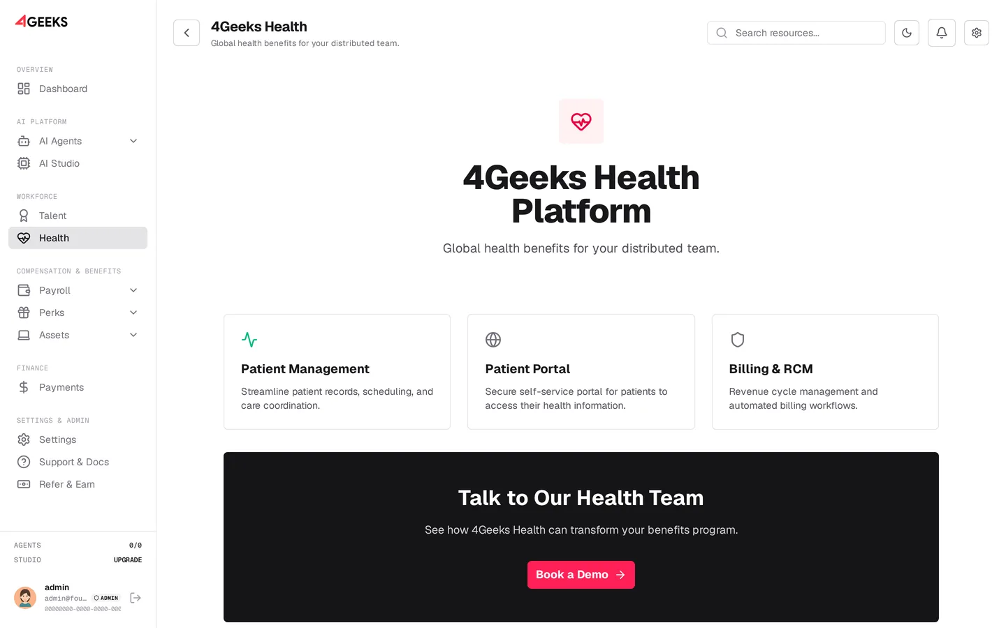 4Geeks Health dashboard with clinical and administrative modules