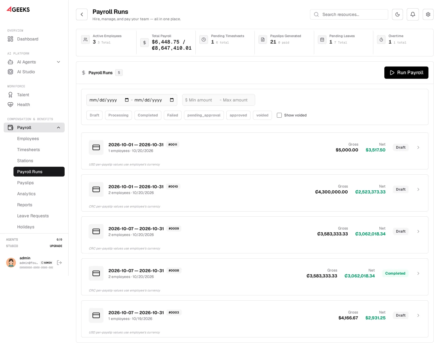 4Geeks Payroll dashboard with active employees, total payroll, timesheets, and payroll runs