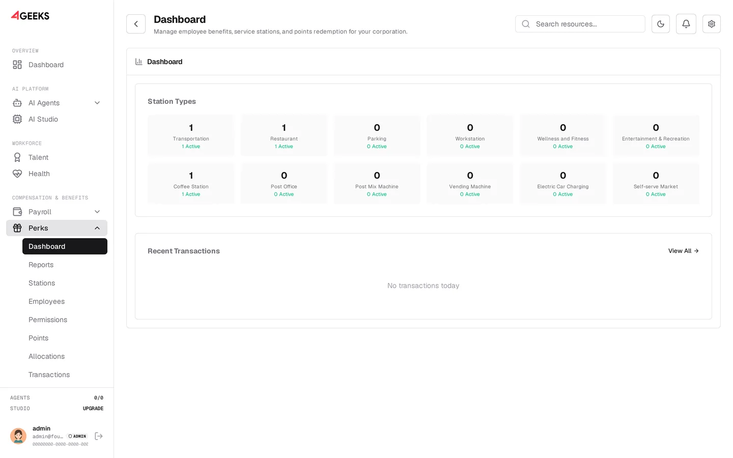 4Geeks Perks dashboard with station types and recent transactions