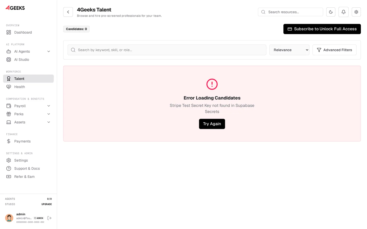 4Geeks Talent console with candidate search and filters