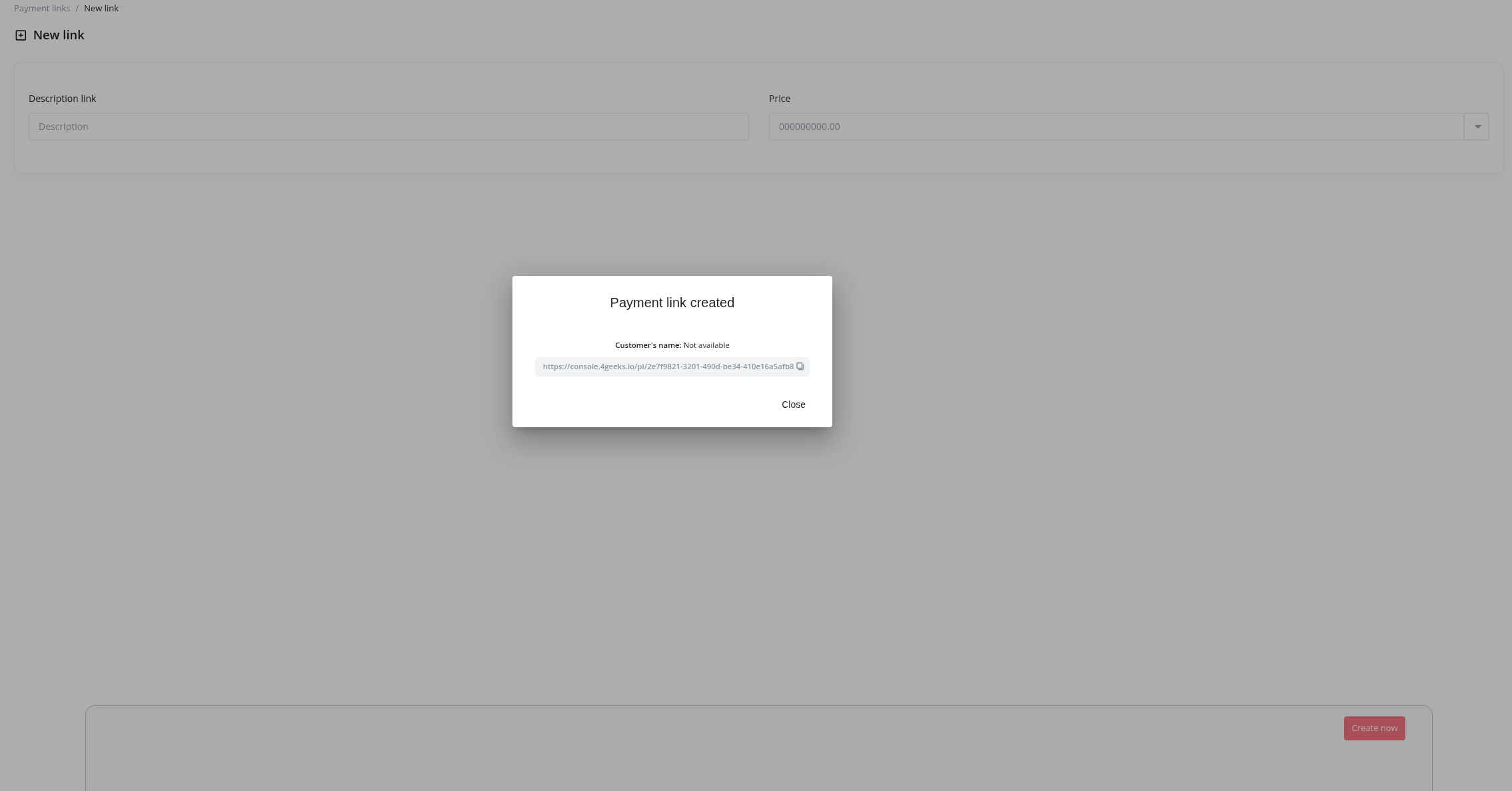 Payment Link Created Modal