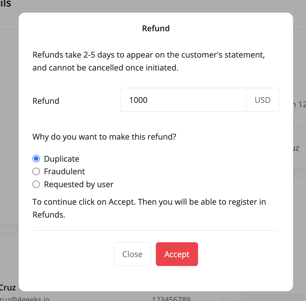 start a refund from the console