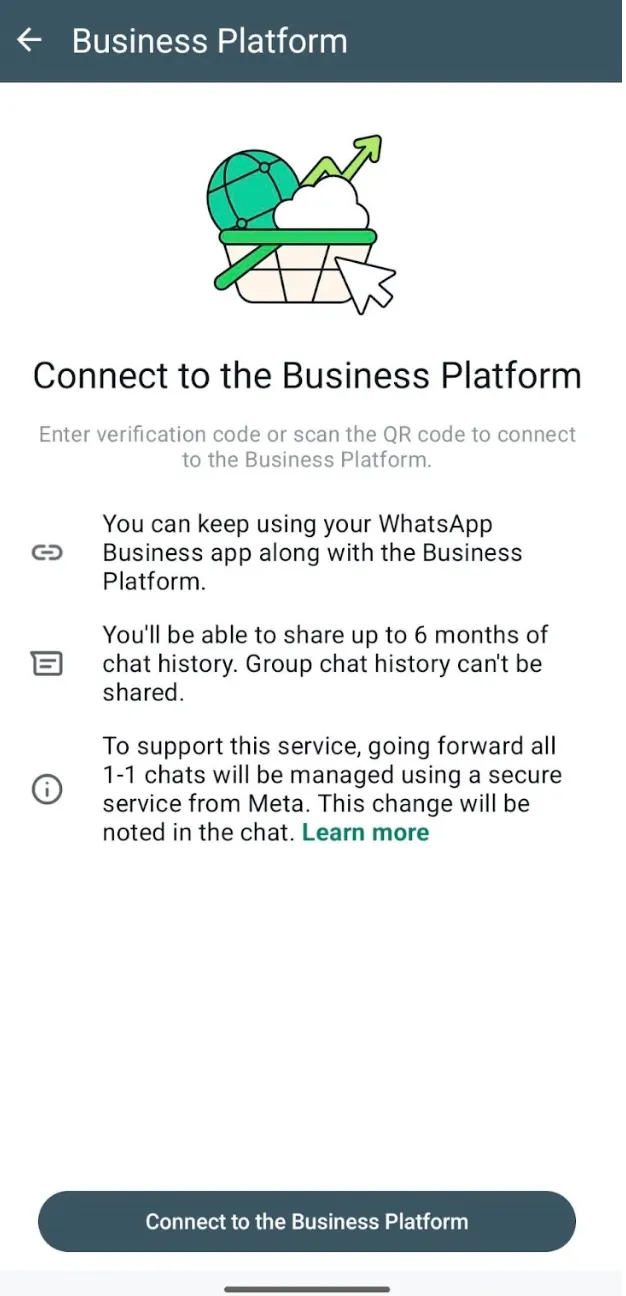 Captura de pantalla: Vista móvil resaltando el botón 'Conectarse a la Plataforma Comercial' en el chat