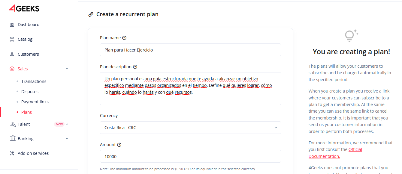 Create plan form