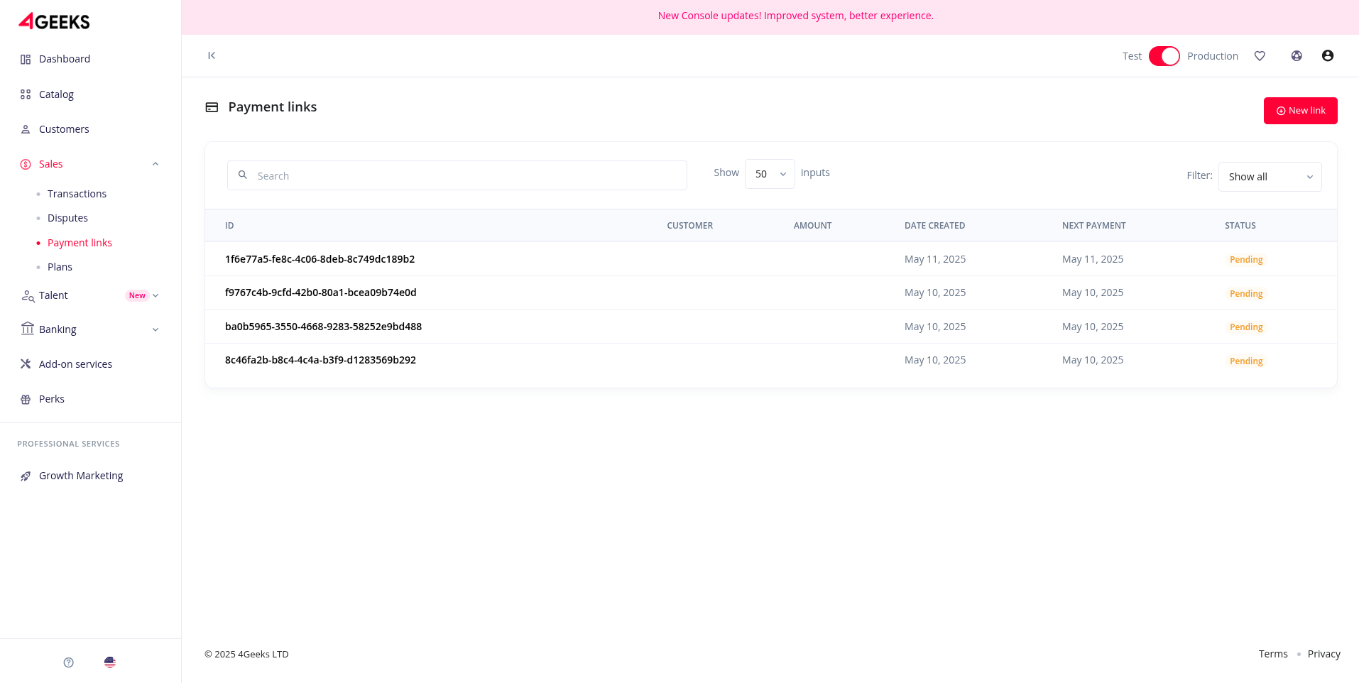 Payment Links Page Overview