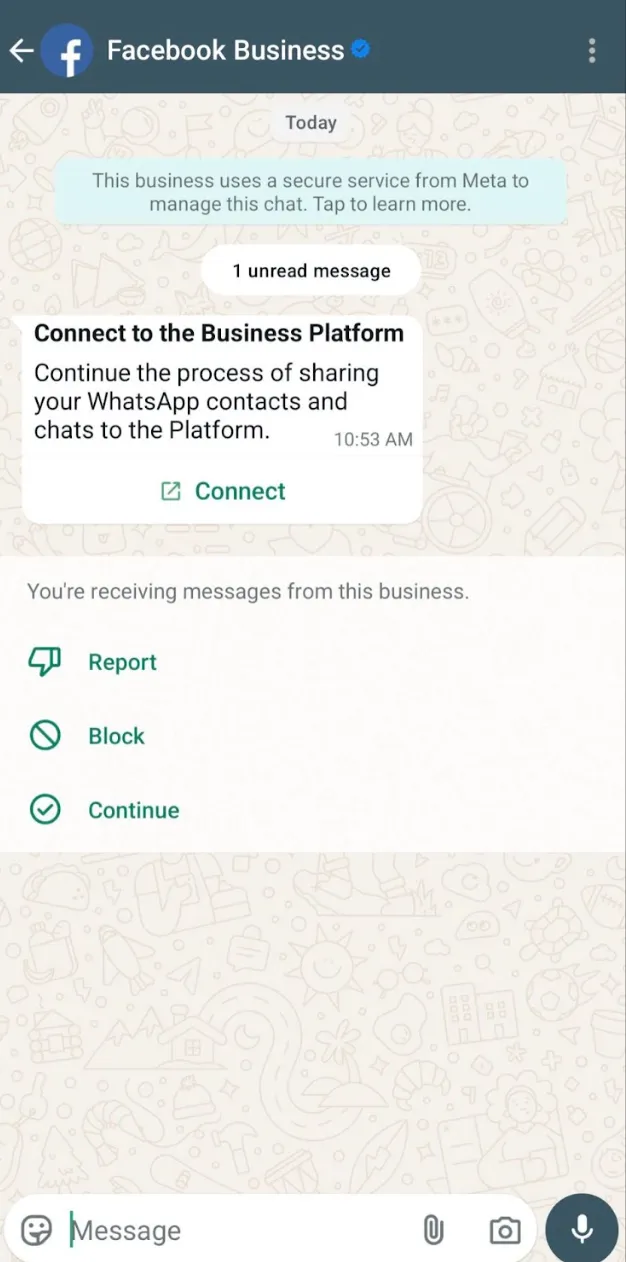 Captura de ecrã: Vista móvel da aplicação WhatsApp Business exibindo a mensagem da conta Facebook Business